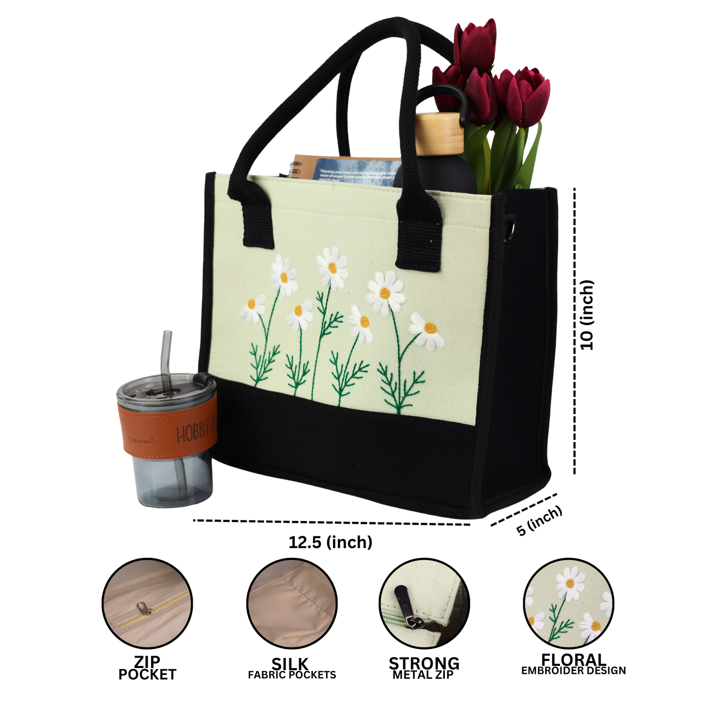Embroidery Green Floral Tote Bag