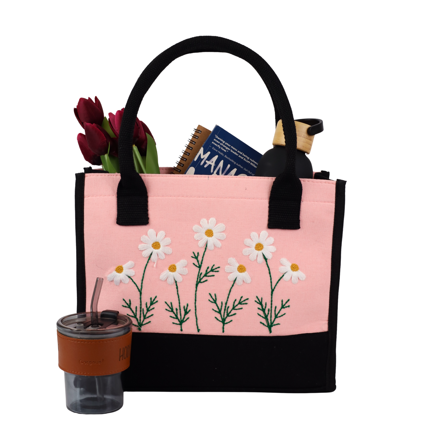 Embroidery Pink Floral Tote Bag