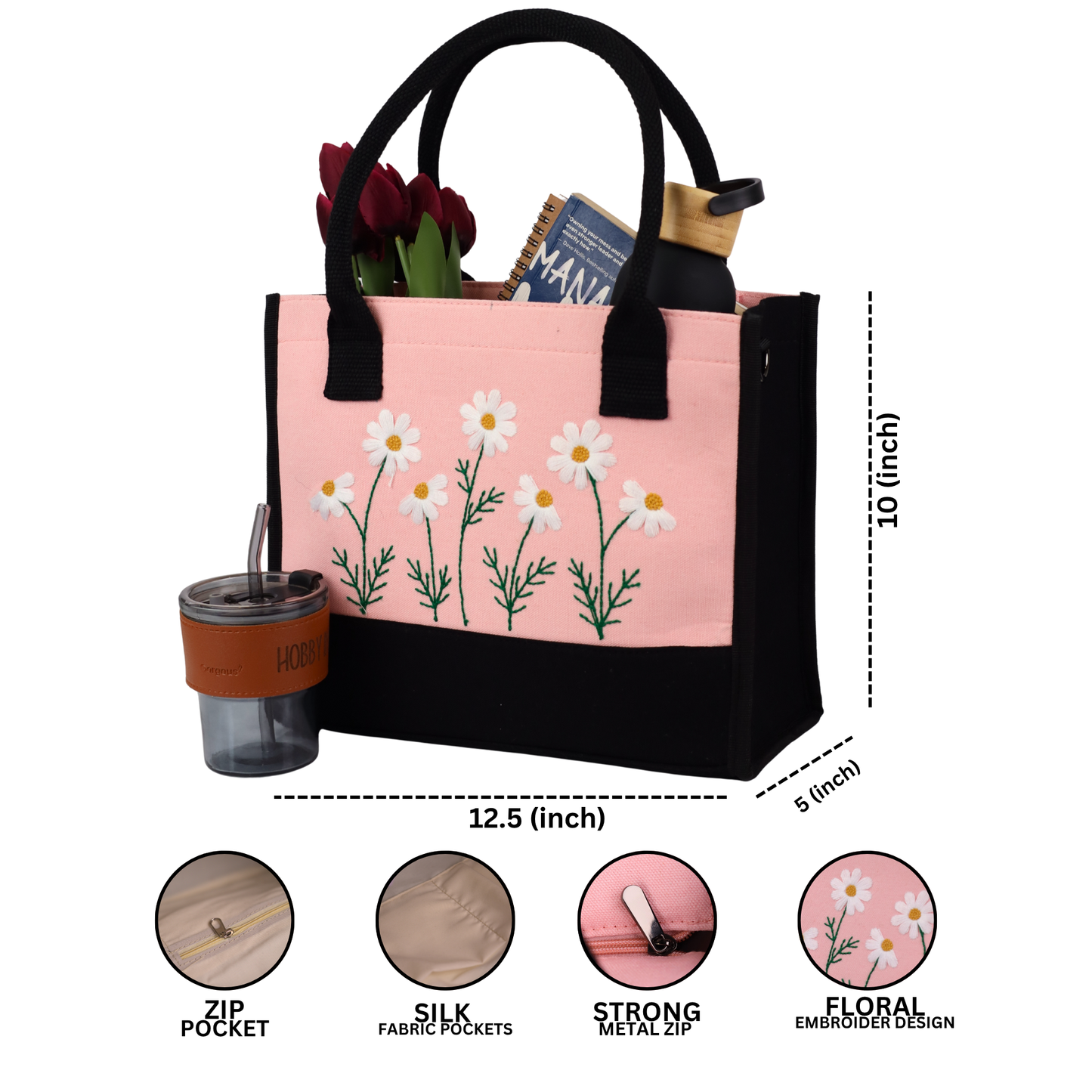 Embroidery Pink Floral Tote Bag