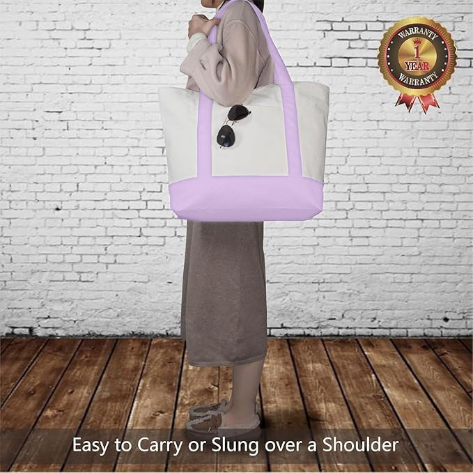 Purple and Beige Large Canvas Tote Bag | 19" x 15" x 6"