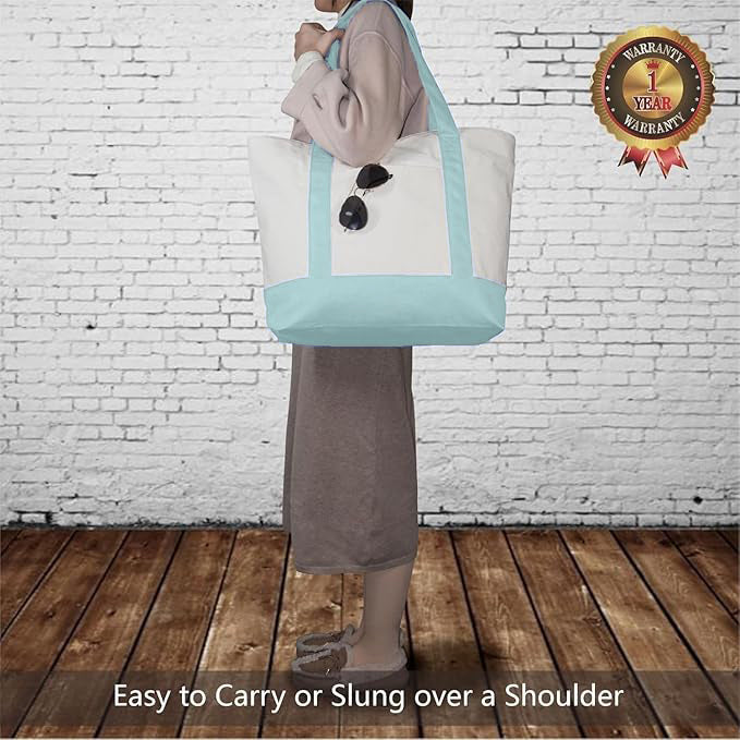 Sky Blue and Beige Large Canvas Tote Bag | 19" x 15" x 6"