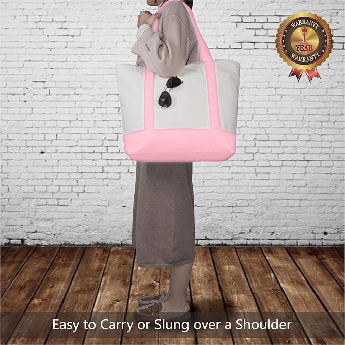 Pink and White Large Canvas Tote Bag | (19" x 15" x 6")