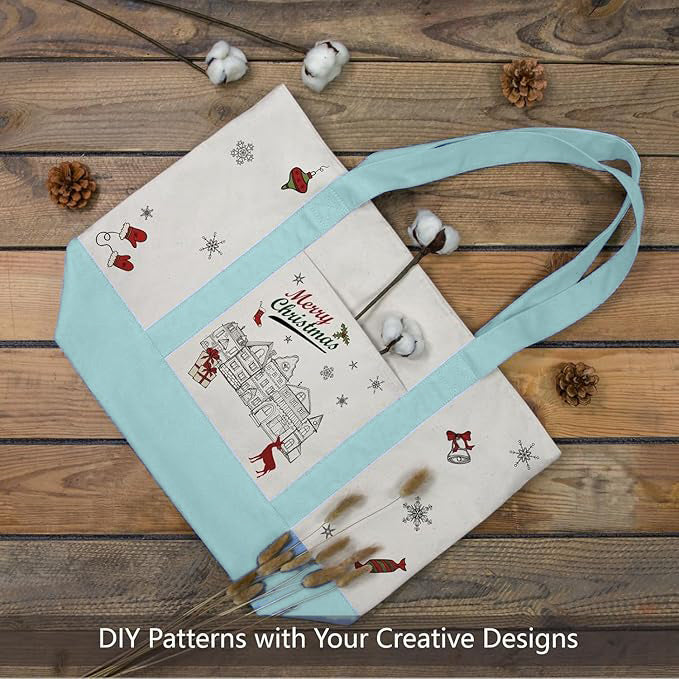Sky Blue and Beige Large Canvas Tote Bag | 19" x 15" x 6"