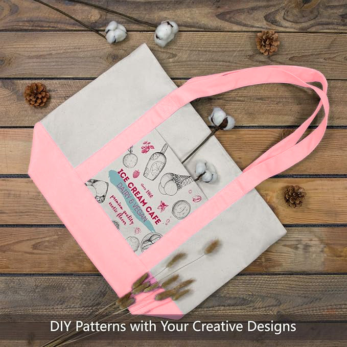 Pink and Beige Large Canvas Tote Bag | 19" x 15" x 6"