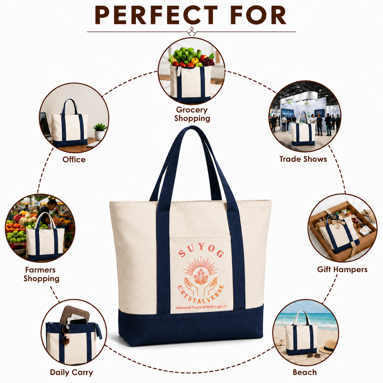 Navy Blue and Beige Large Canvas Tote Bag | 19" x 15" x 6"