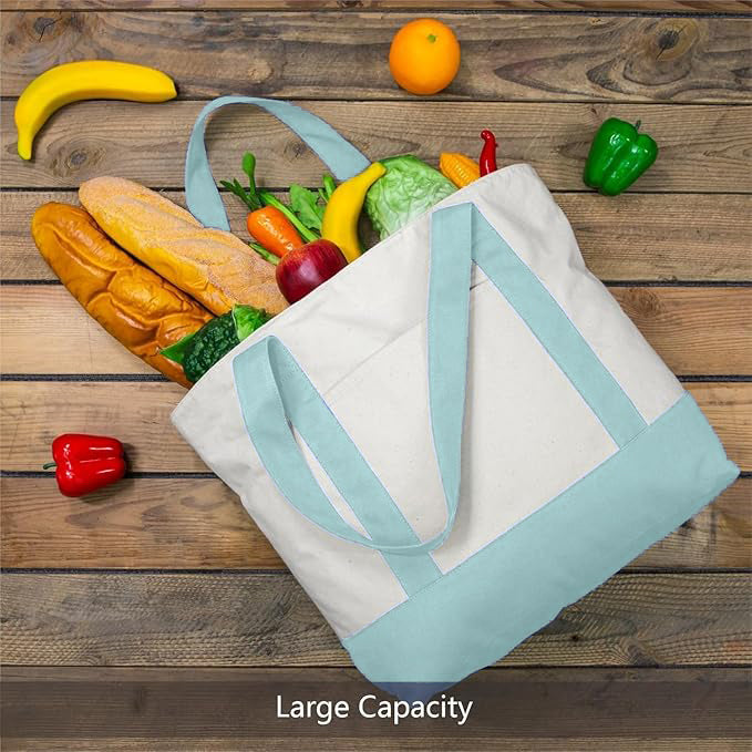 Sky Blue and Beige Large Canvas Tote Bag | 19" x 15" x 6"