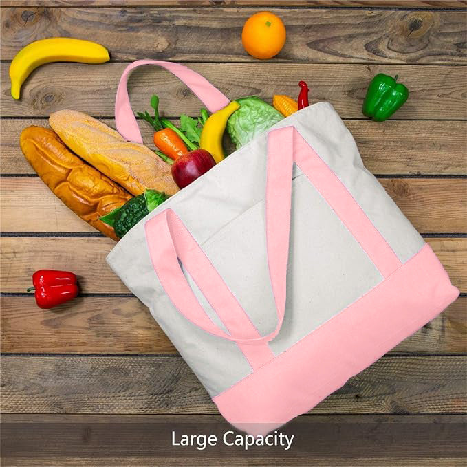 Pink and Beige Large Canvas Tote Bag | 19" x 15" x 6"