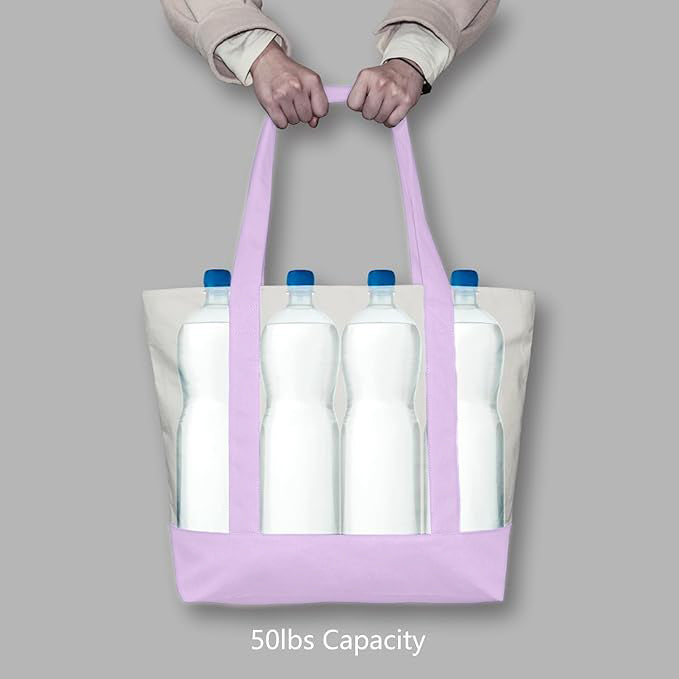 Purple and Beige Large Canvas Tote Bag | 19" x 15" x 6"