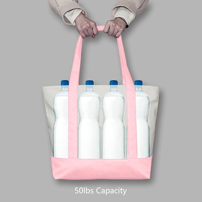 Pink and Beige Large Canvas Tote Bag | 19" x 15" x 6"
