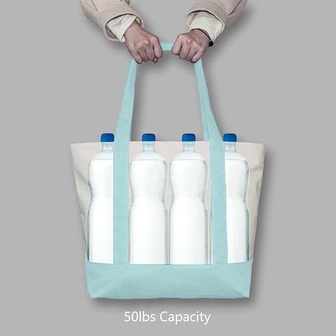 Sky Blue and Beige Large Canvas Tote Bag | 19" x 15" x 6"