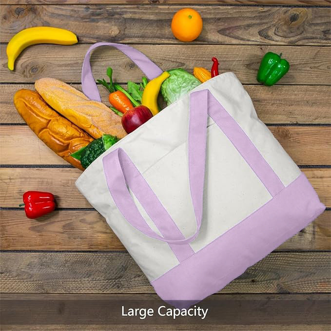 Purple and Beige Large Canvas Tote Bag | 19" x 15" x 6"