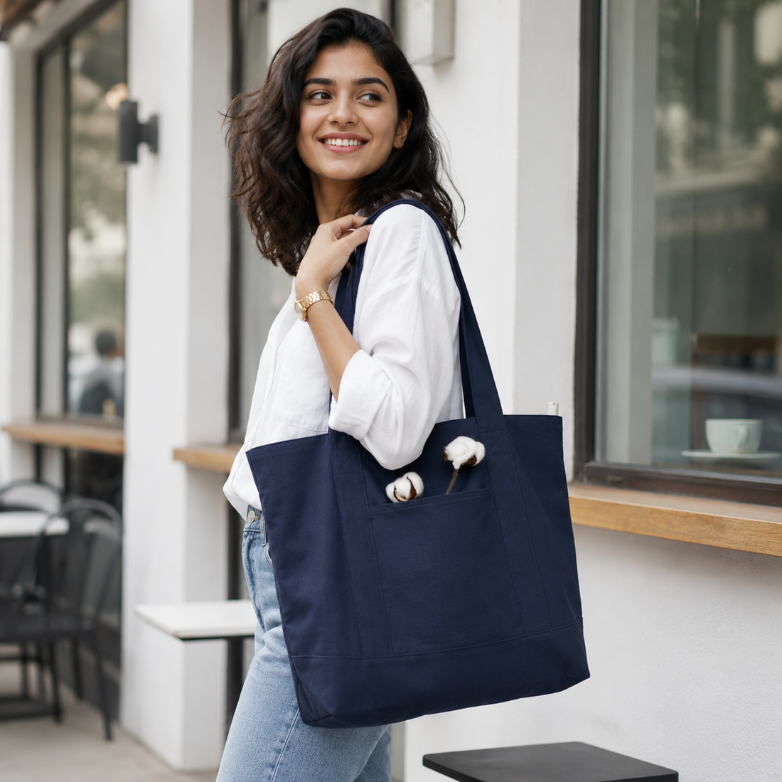 Plain Navy Blue Large Canvas Tote Bag | 19" x 15" x 6"