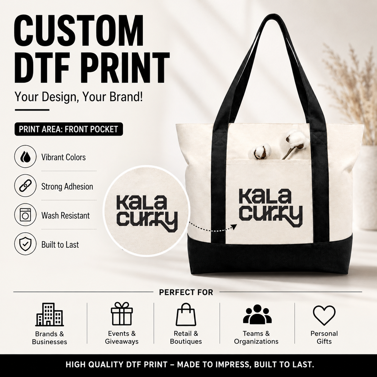 Black and Beige Large Canvas Tote Bag | 19" x 15" x 6"