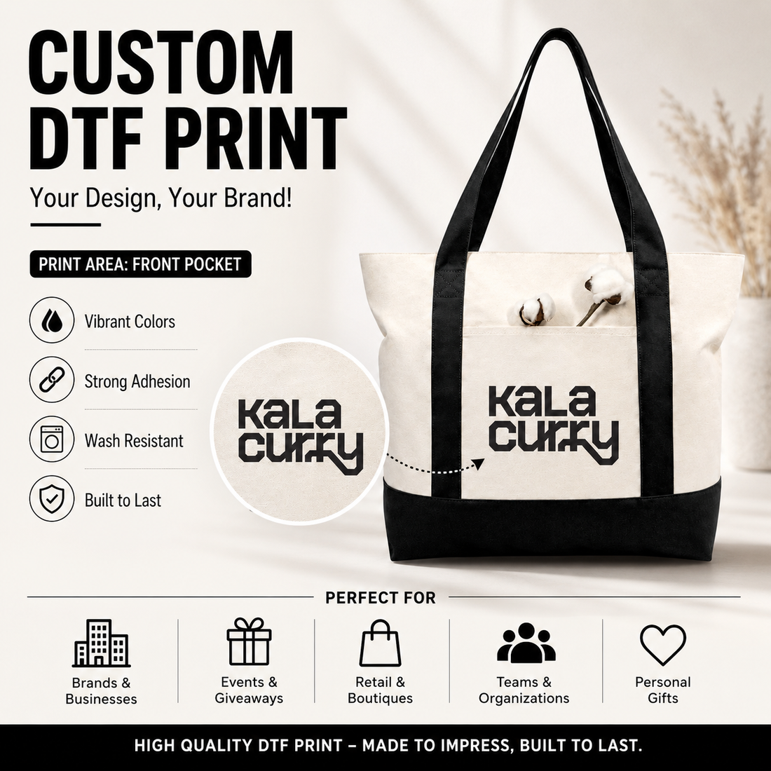 Black and Beige Large Canvas Tote Bag | 19" x 15" x 6"