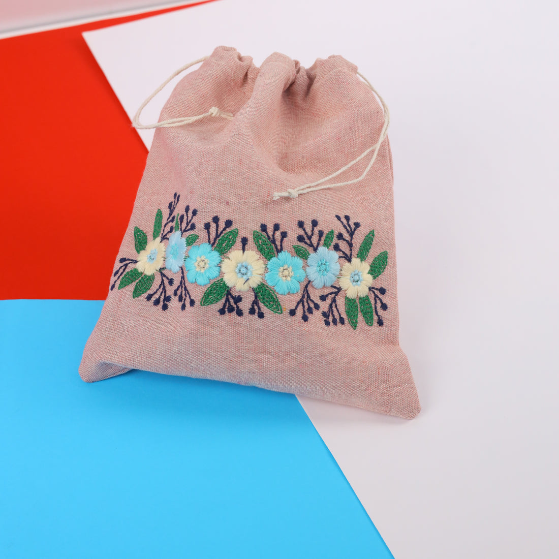 Floral Pink Embroidered Drawstring Bag