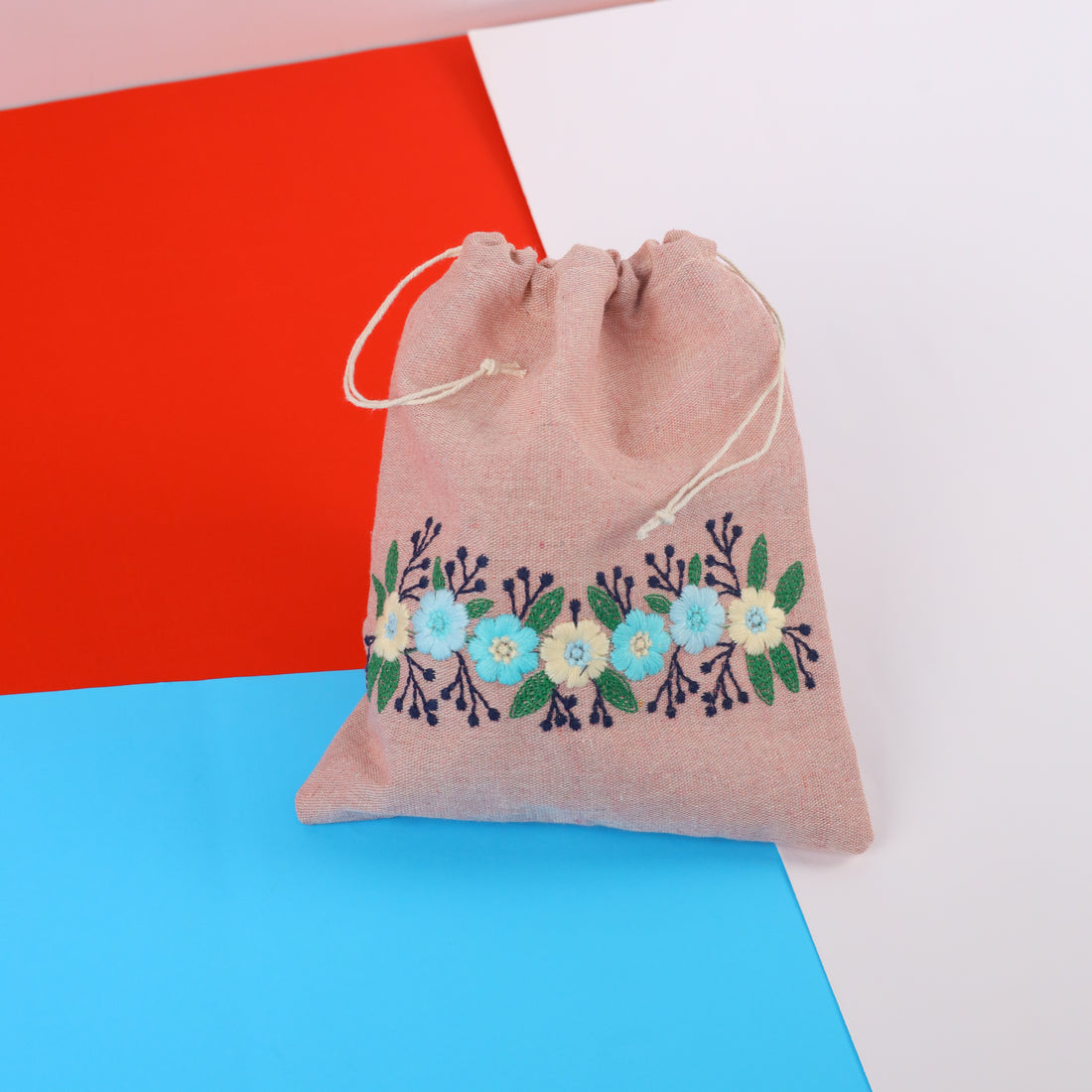 Floral Pink Embroidered Drawstring Bag