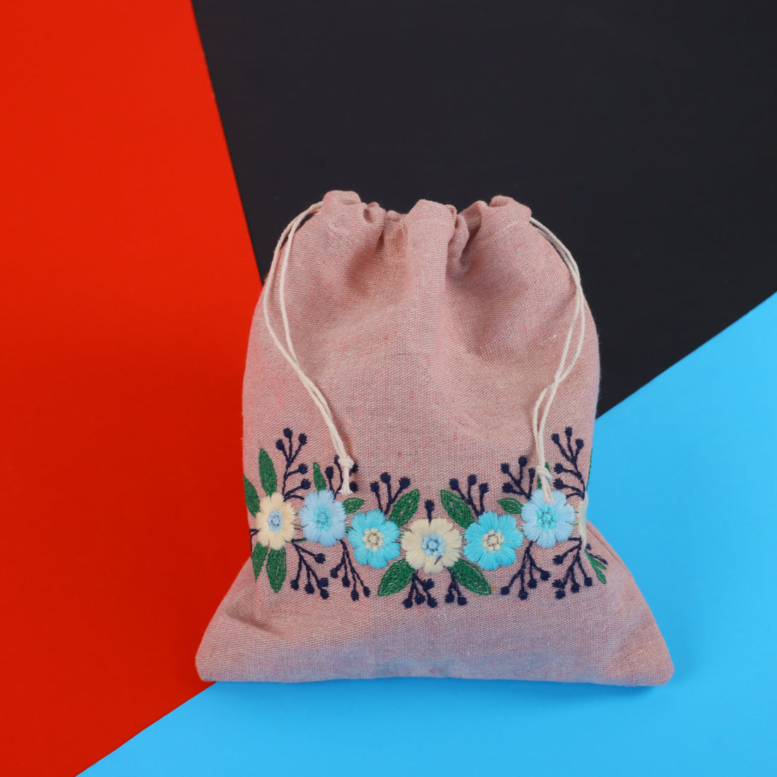 Floral Pink Embroidered Drawstring Bag