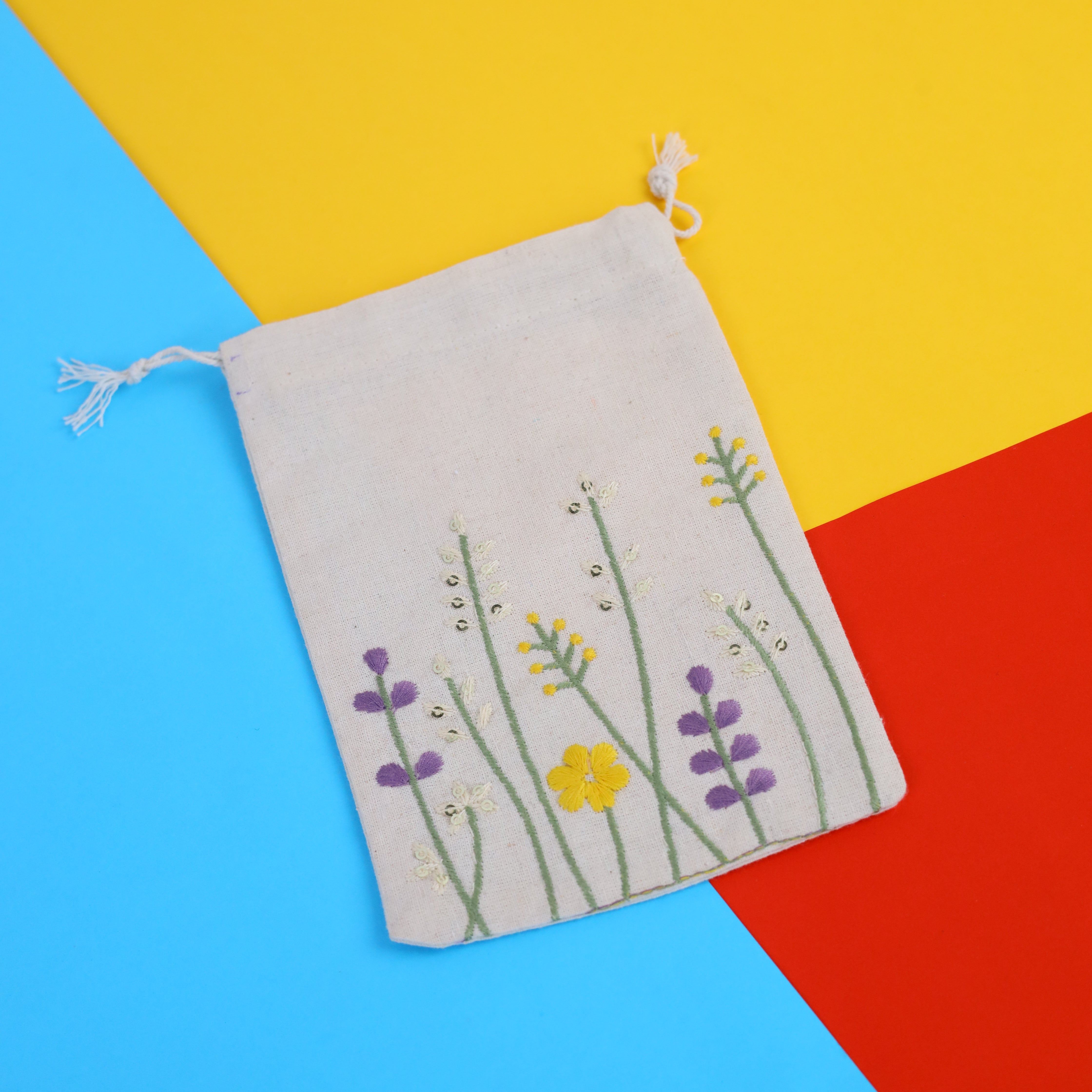 Floral Stitch Embroidered Cotton Drawstring Pouch Bag