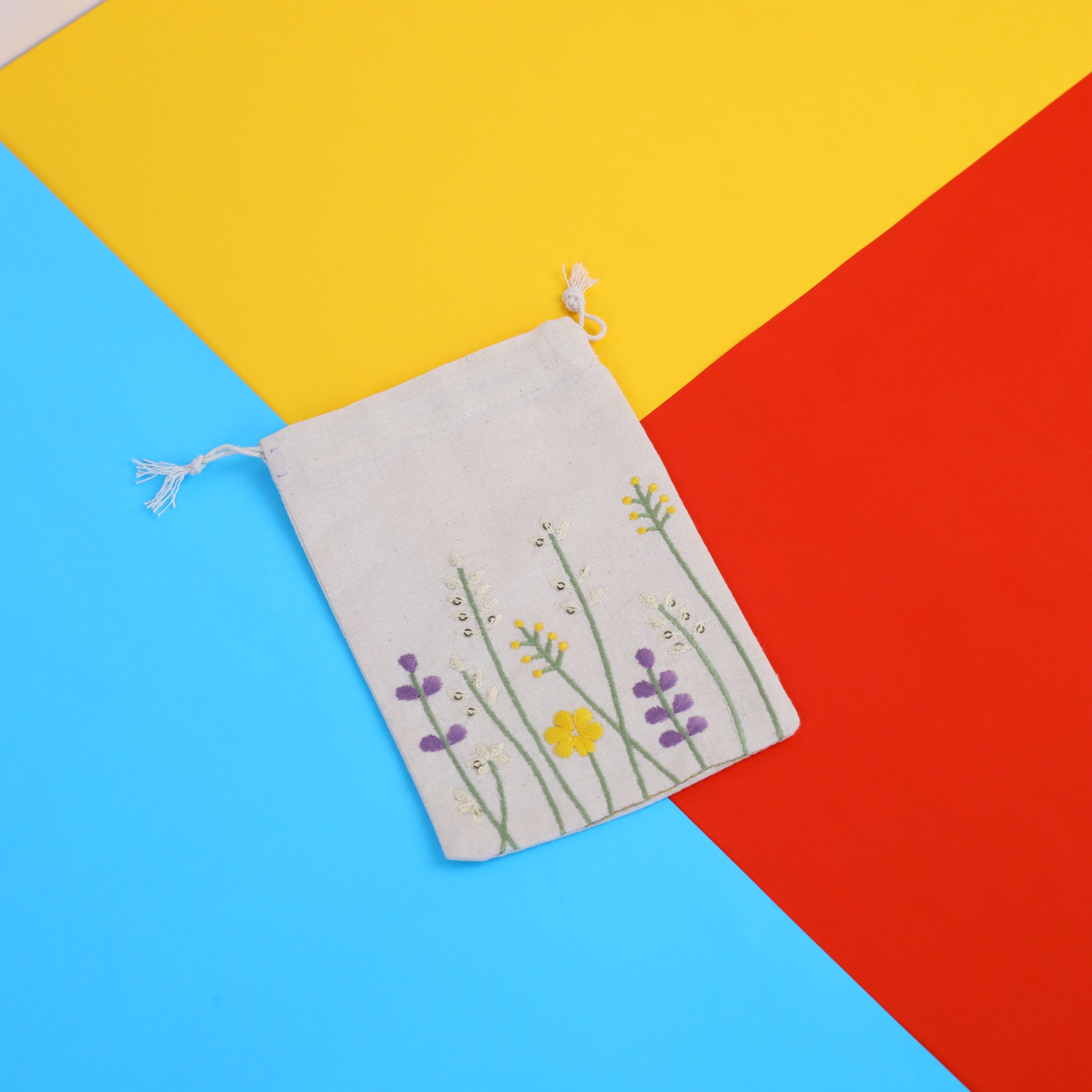 Floral Stitch Embroidered Cotton Drawstring Pouch Bag