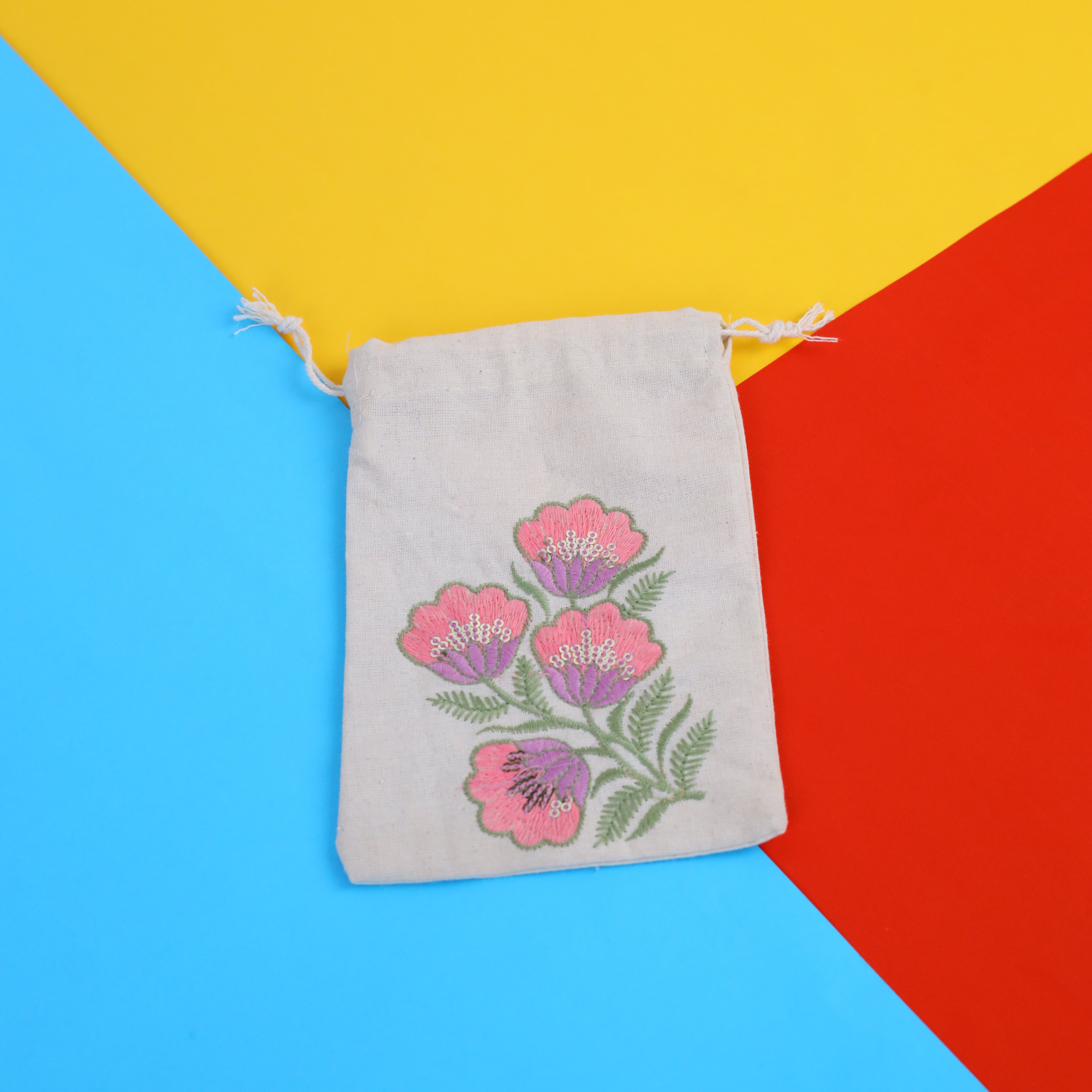 Pink Floral Embroidered Cotton Drawstring Pouch Bag