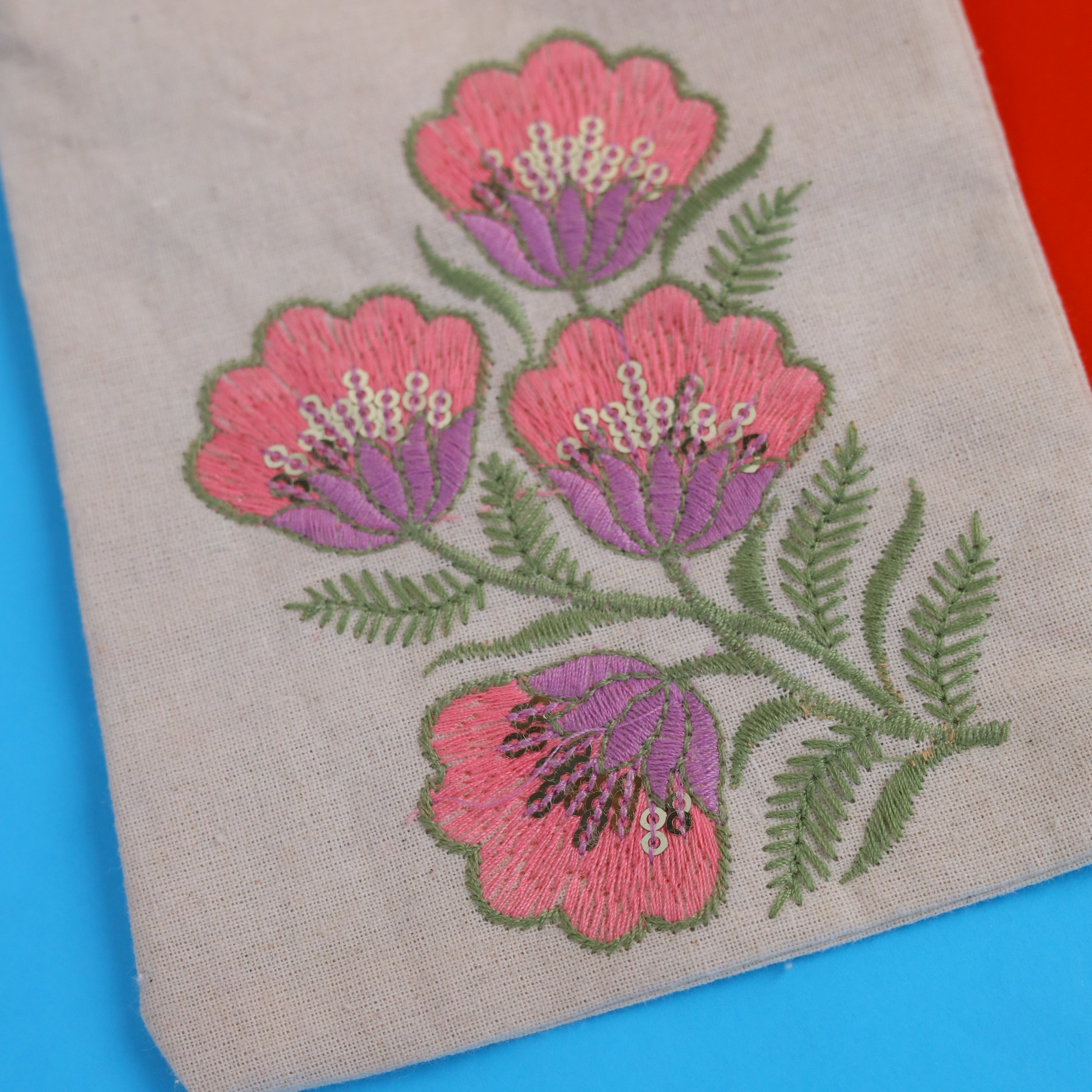 Pink Floral Embroidered Cotton Drawstring Pouch Bag