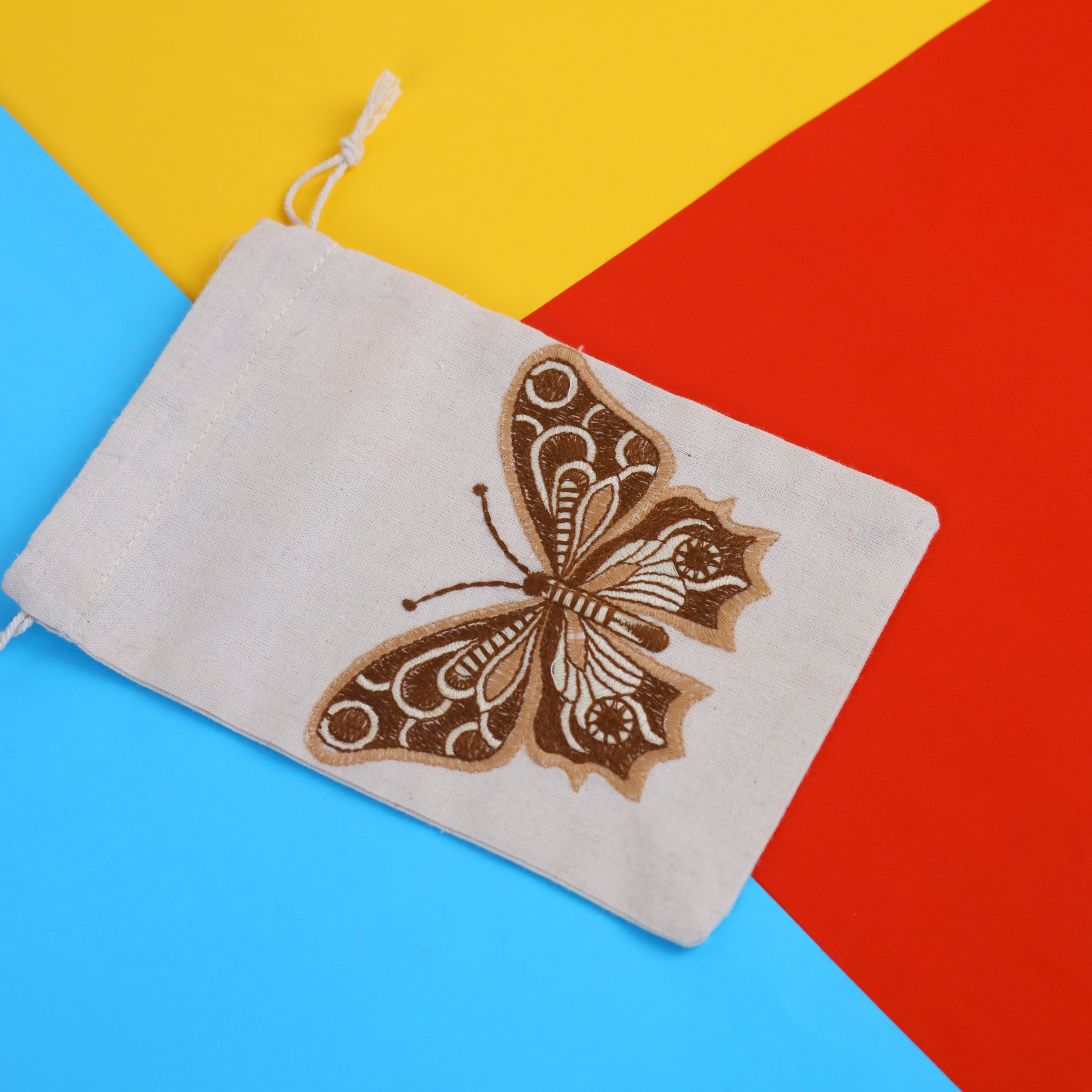 Butterfly Embroidered Cotton Drawstring Pouch Bag