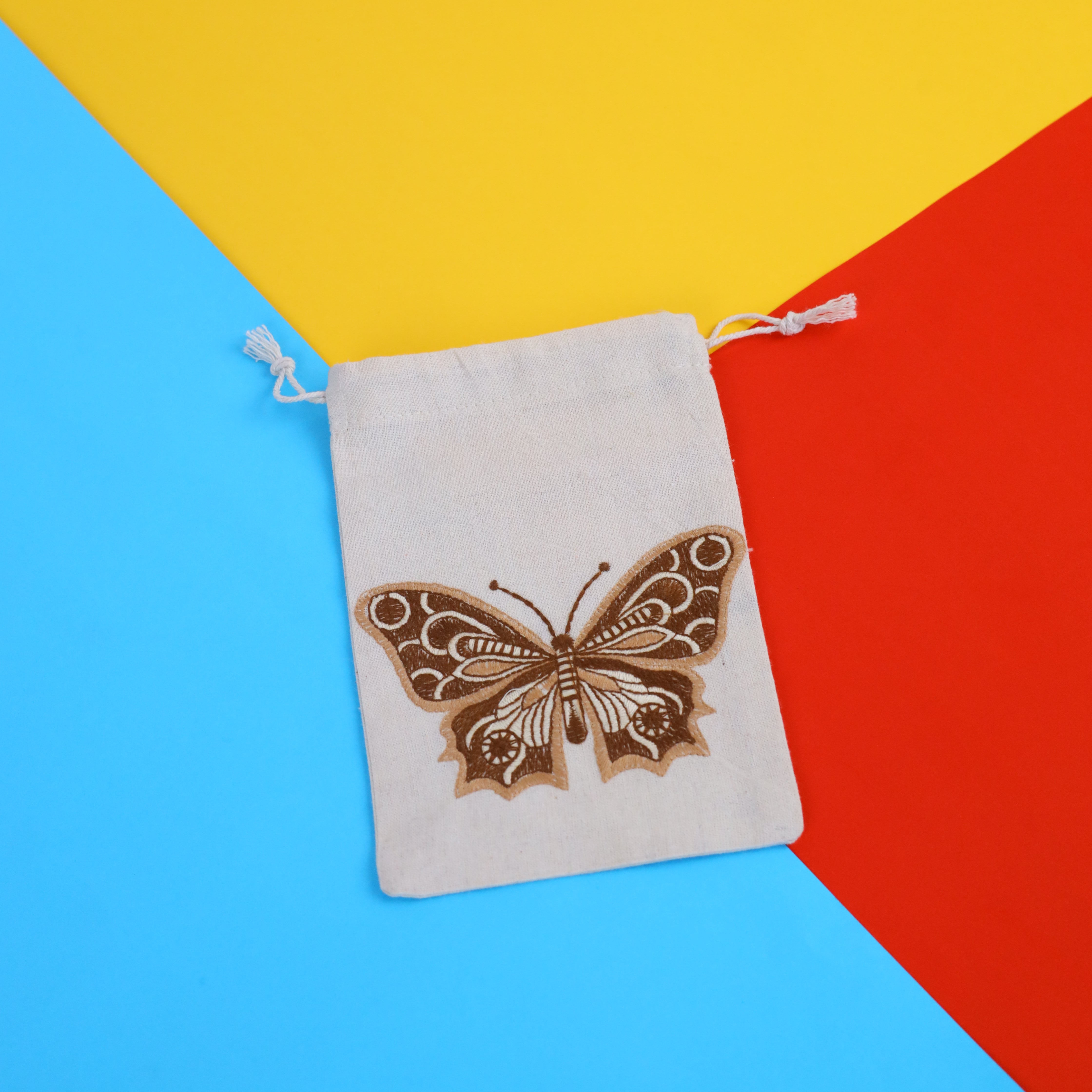 Butterfly Embroidered Cotton Drawstring Pouch Bag
