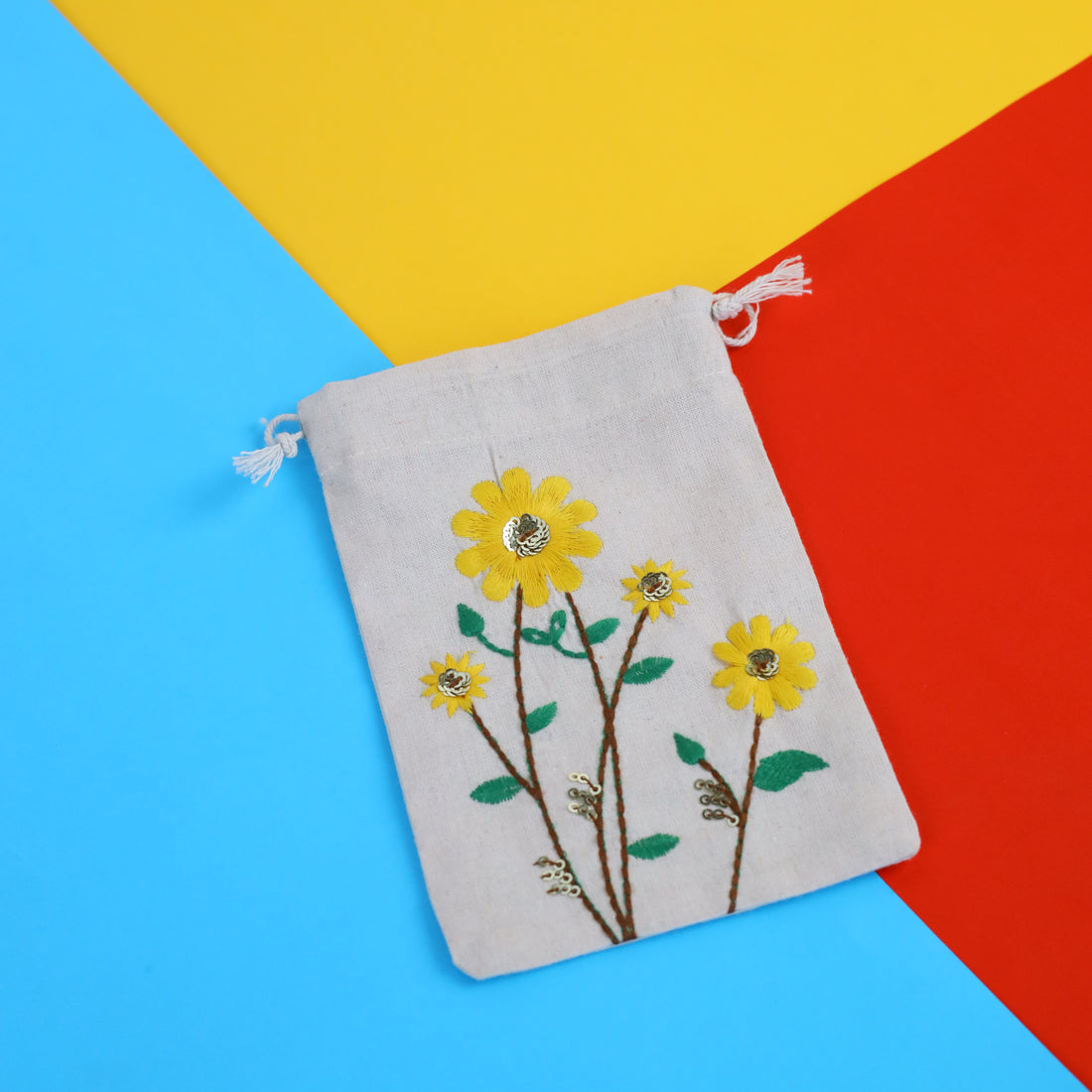 Sunflower Embroidered Cotton Drawstring Pouch Bag