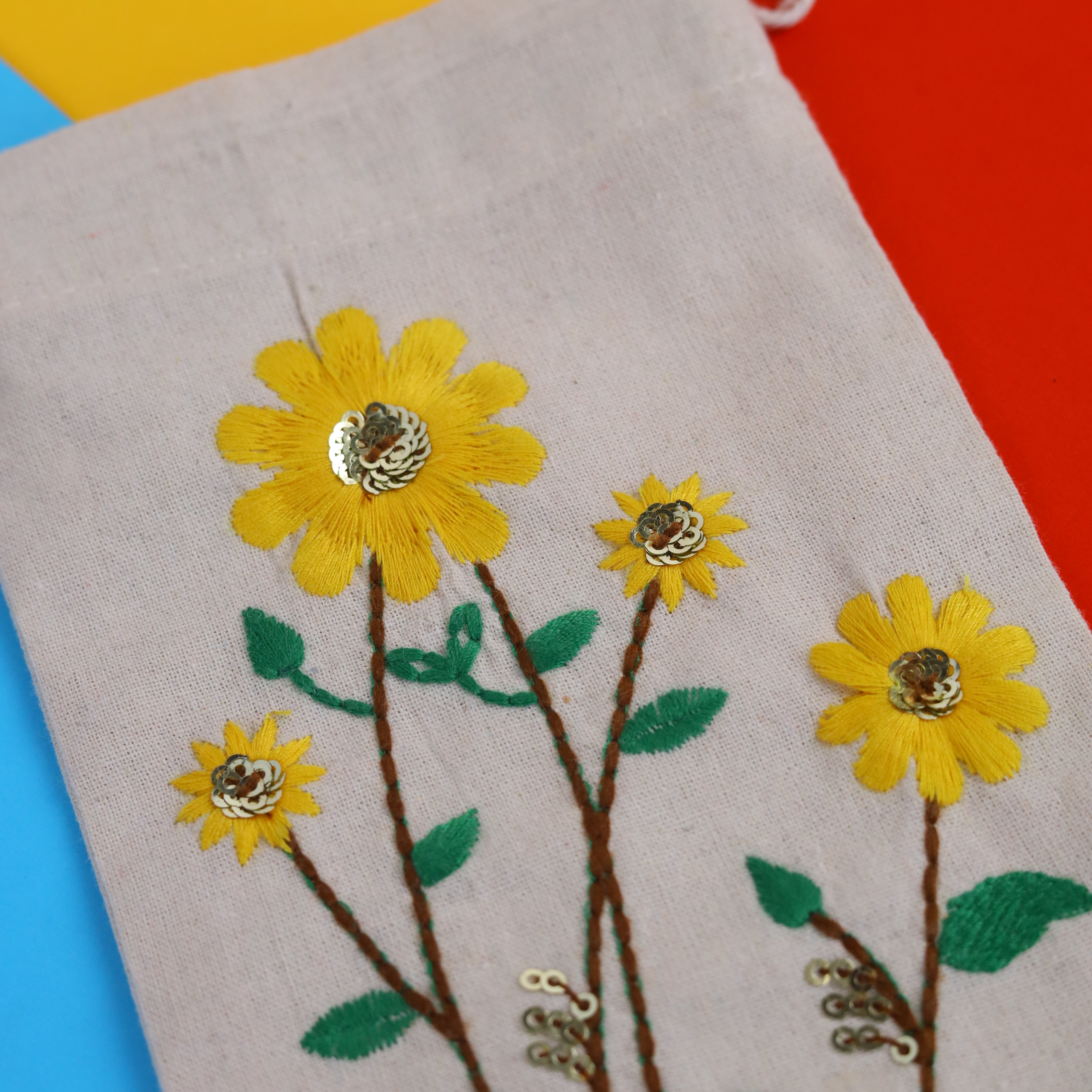 Sunflower Embroidered Cotton Drawstring Pouch Bag