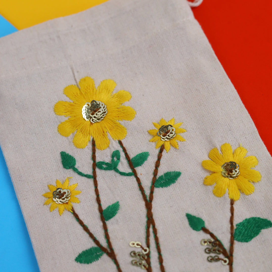 Sunflower Embroidered Cotton Drawstring Pouch Bag