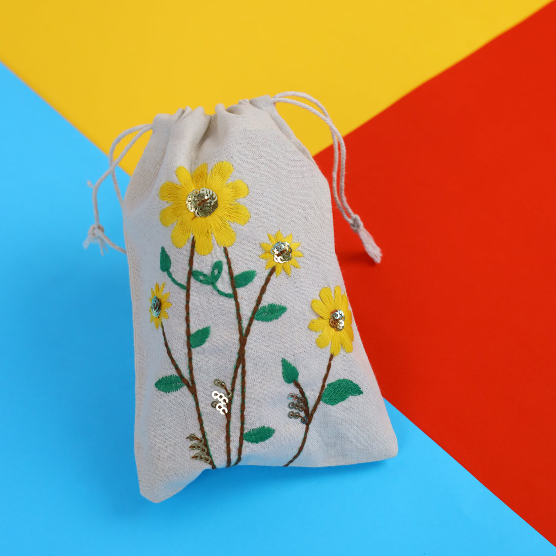 Sunflower Embroidered Cotton Drawstring Pouch Bag