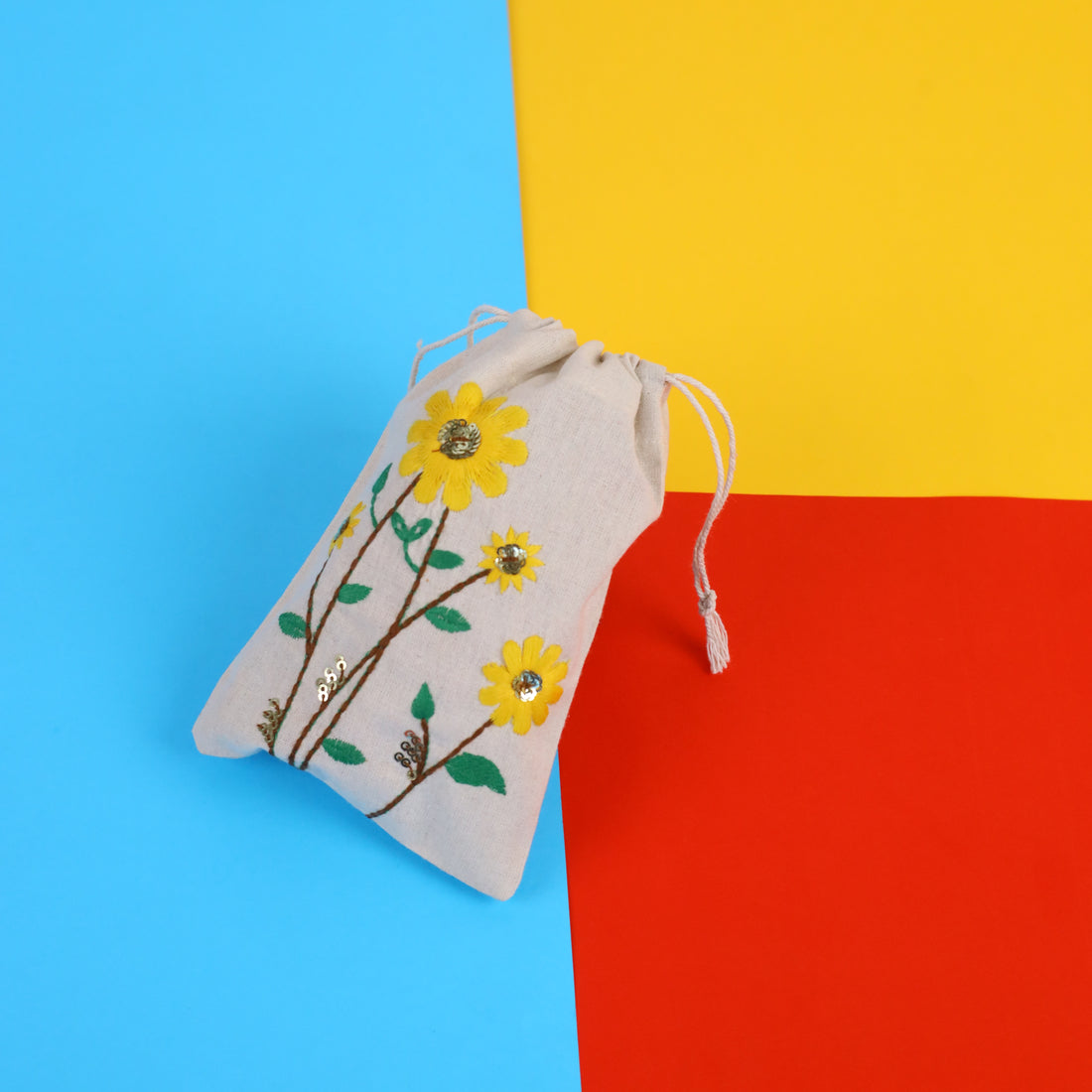 Sunflower Embroidered Cotton Drawstring Pouch Bag