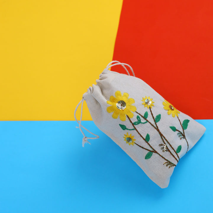 Sunflower Embroidered Cotton Drawstring Pouch Bag