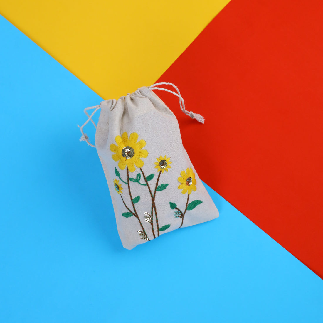 Sunflower Embroidered Cotton Drawstring Pouch Bag