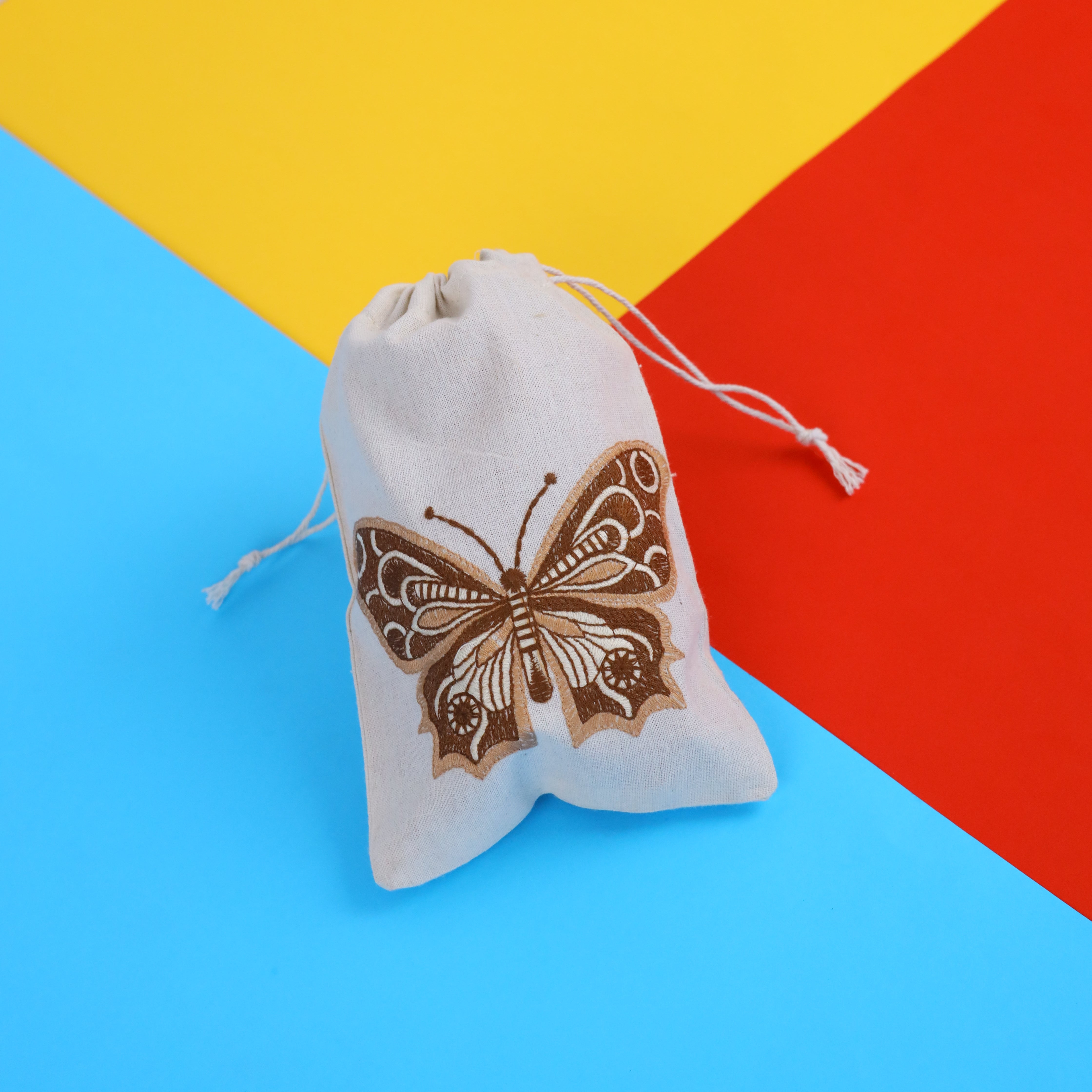 Butterfly Embroidered Cotton Drawstring Pouch Bag