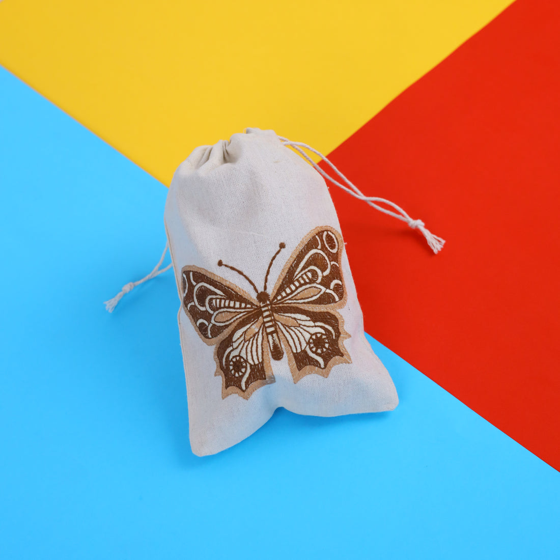 Butterfly Embroidered Cotton Drawstring Pouch Bag