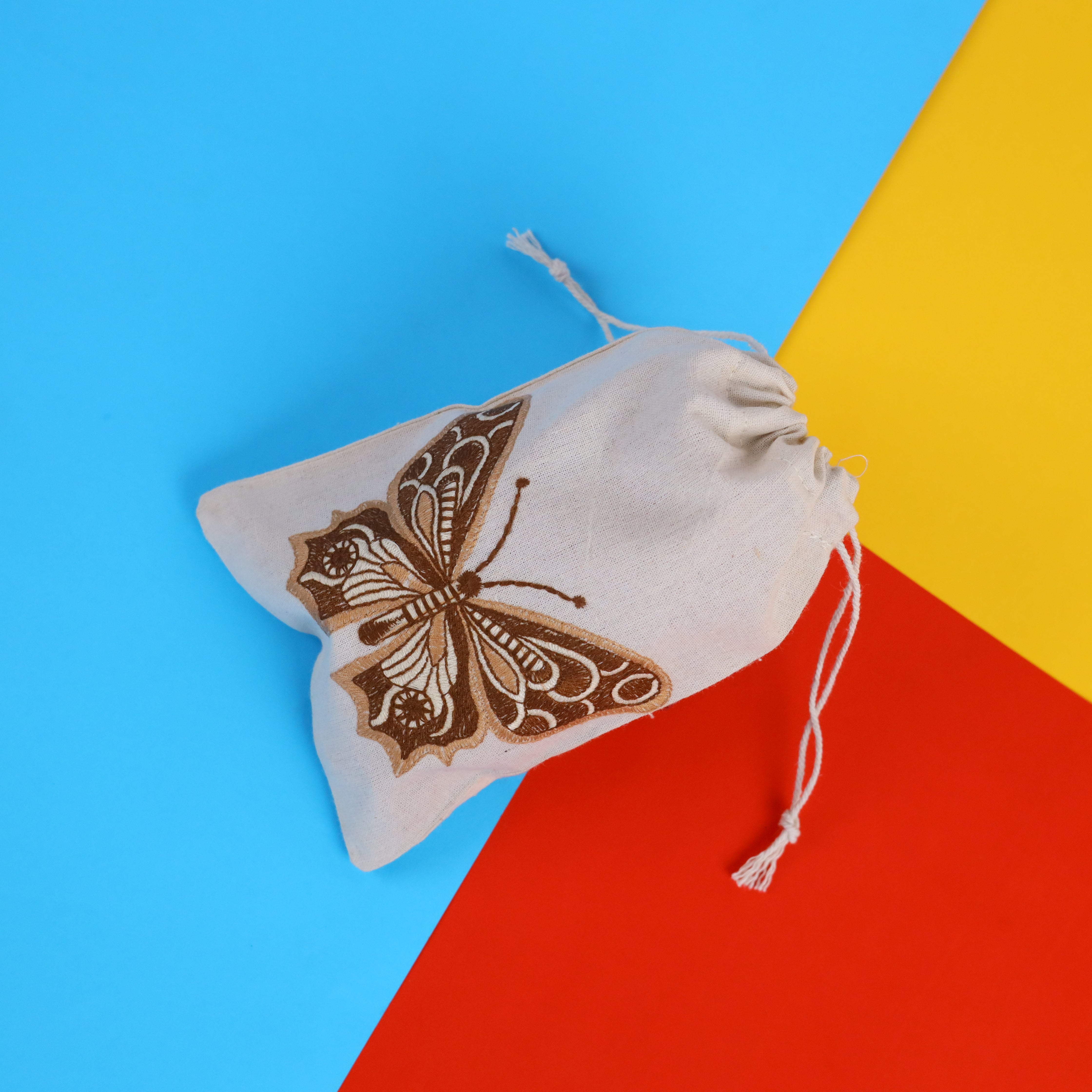 Butterfly Embroidered Cotton Drawstring Pouch Bag
