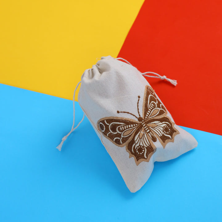 Butterfly Embroidered Cotton Drawstring Pouch Bag