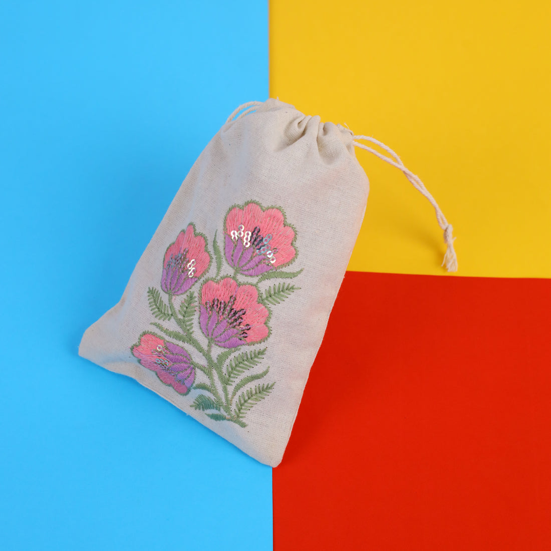 Pink Floral Embroidered Cotton Drawstring Pouch Bag