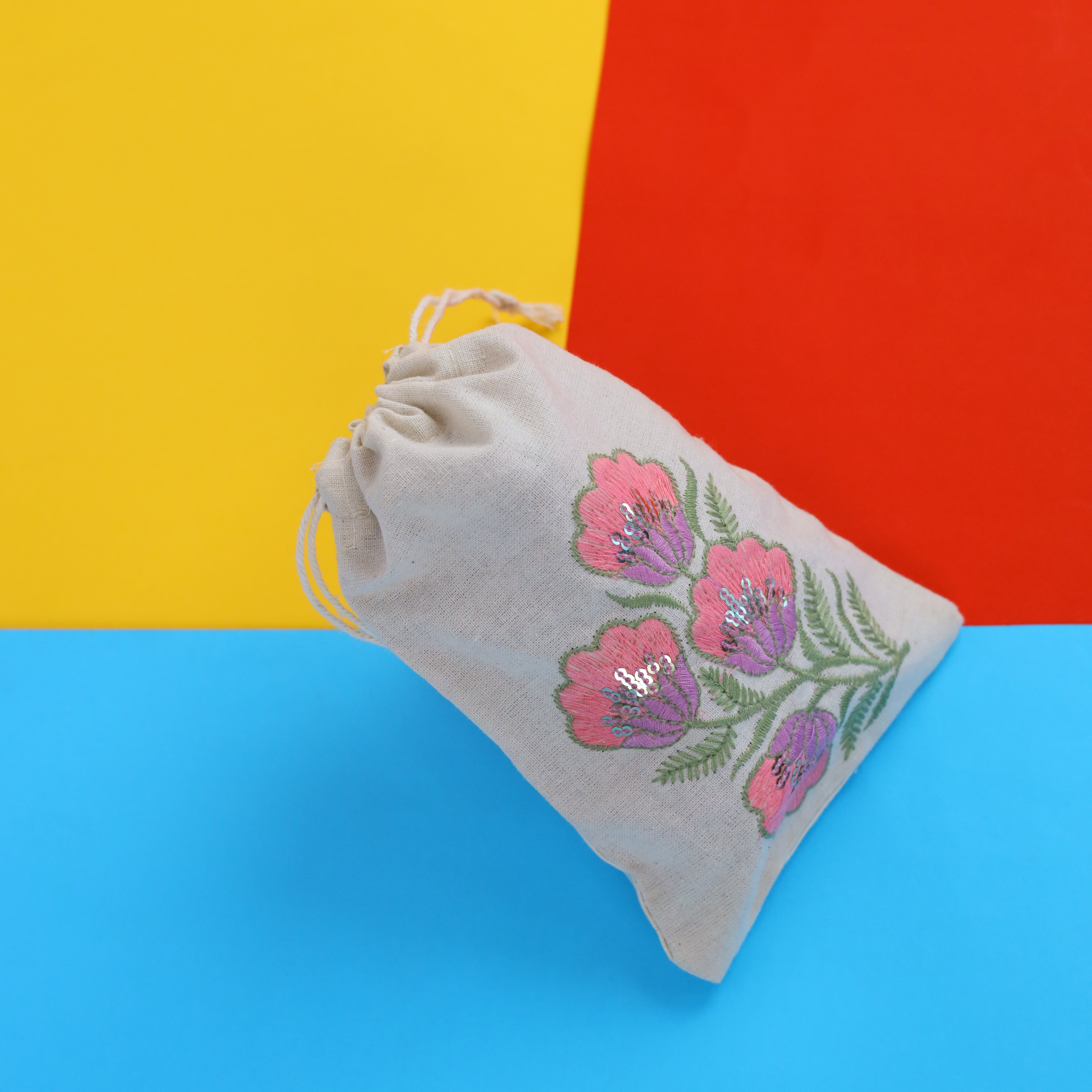 Pink Floral Embroidered Cotton Drawstring Pouch Bag