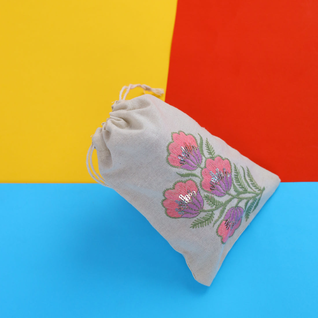 Pink Floral Embroidered Cotton Drawstring Pouch Bag