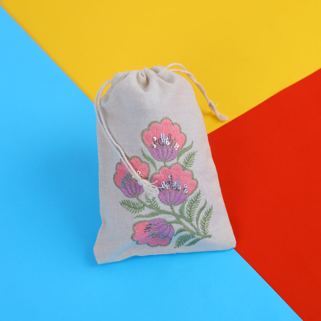 Pink Floral Embroidered Cotton Drawstring Pouch Bag