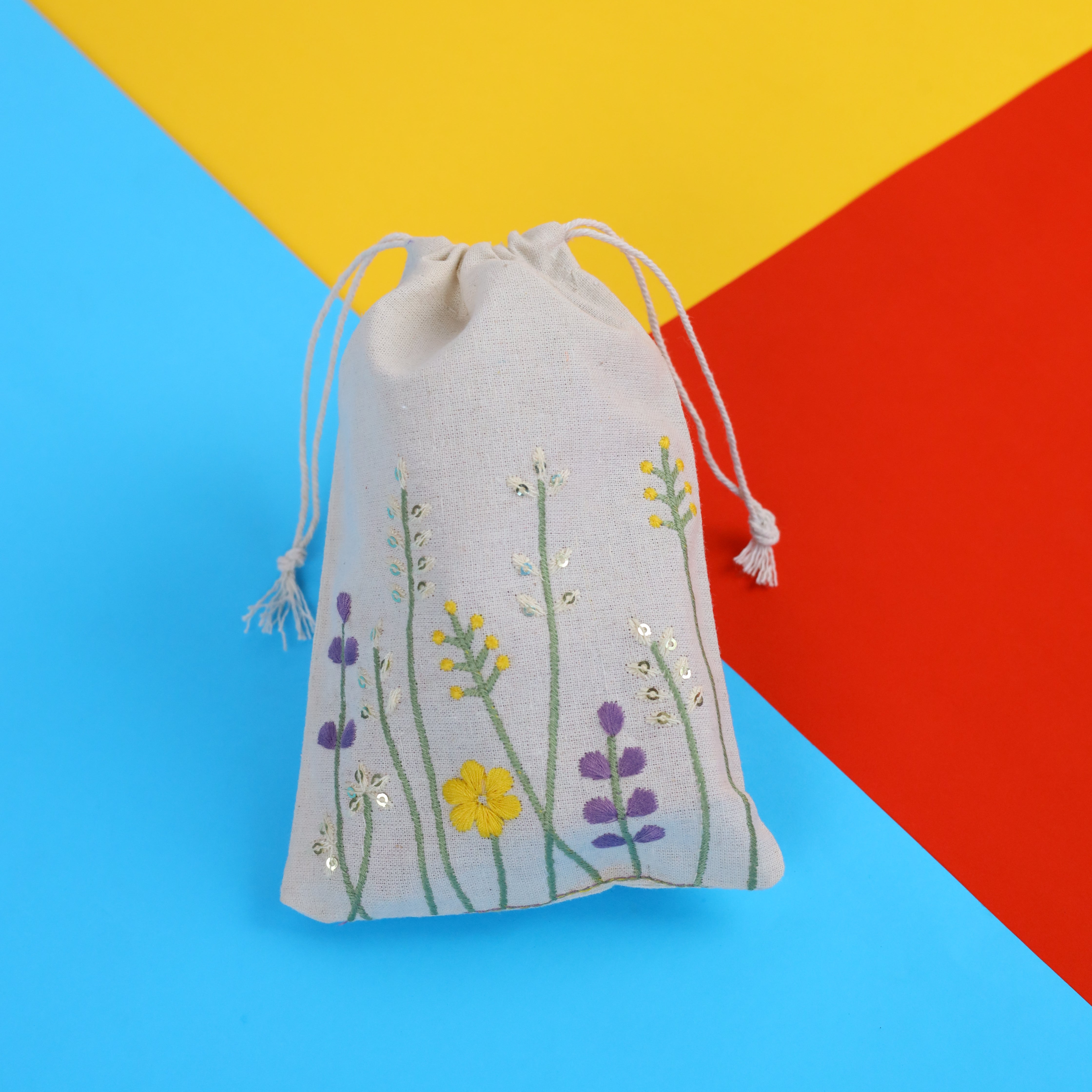Floral Stitch Embroidered Cotton Drawstring Pouch Bag