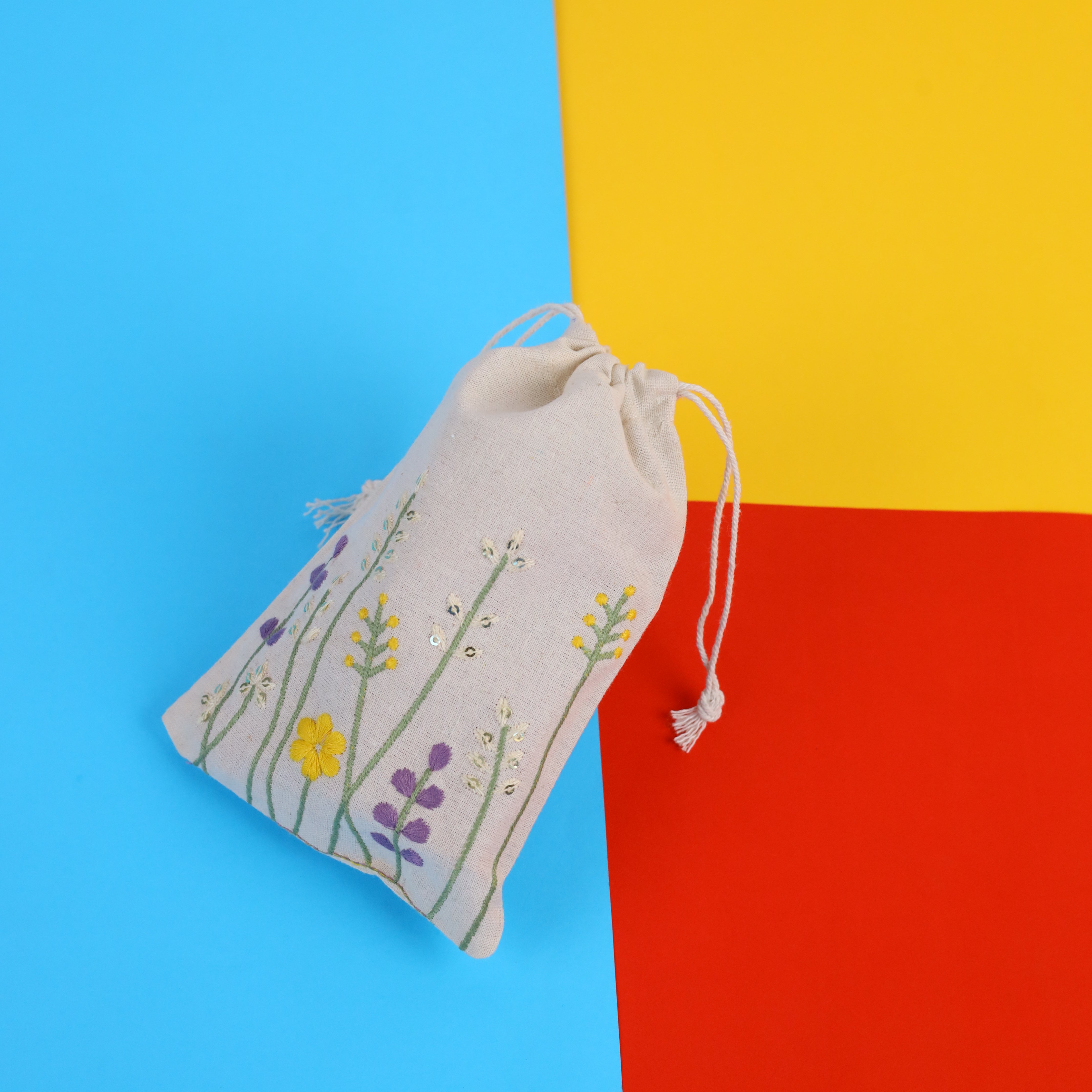 Floral Stitch Embroidered Cotton Drawstring Pouch Bag