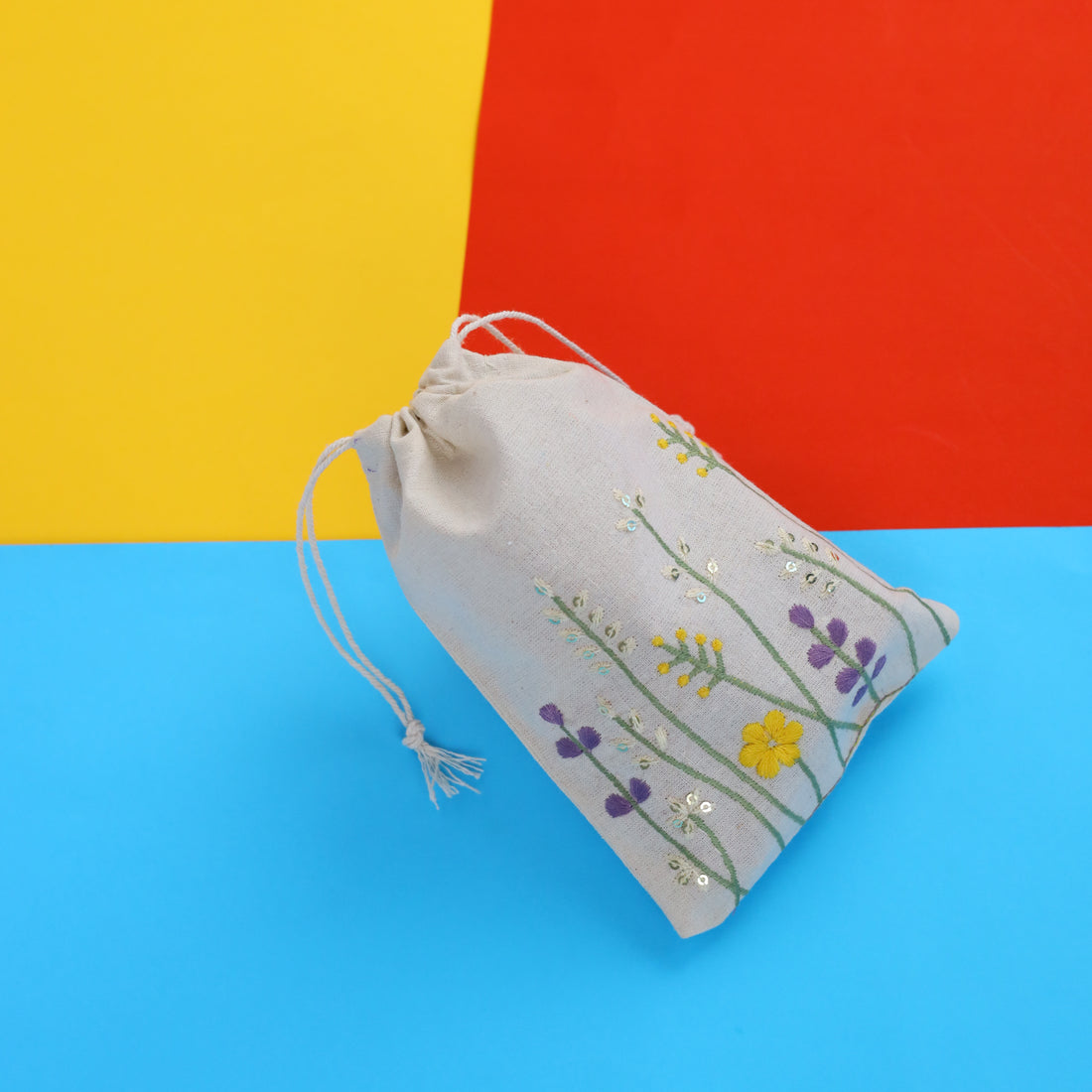 Floral Stitch Embroidered Cotton Drawstring Pouch Bag