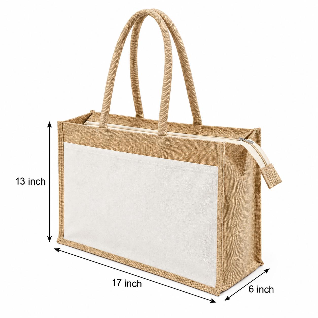 Plain 17x13x6 Natural Jute & Canvas Zipper Shopping Bag with Canvas Front Pocket
