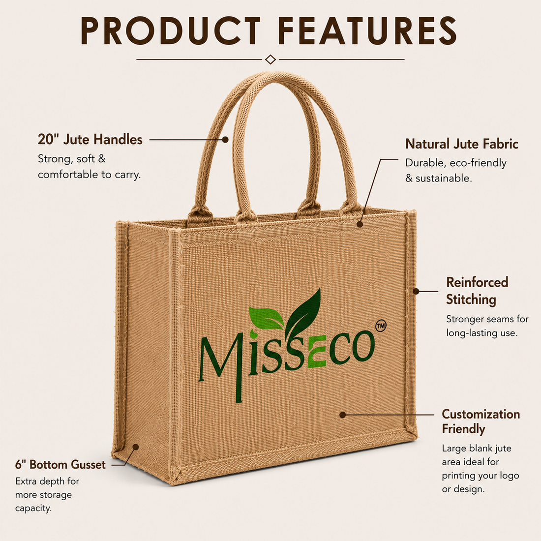 Custom 9×11×4 Natural Jute Tote Bag | 350 GSM