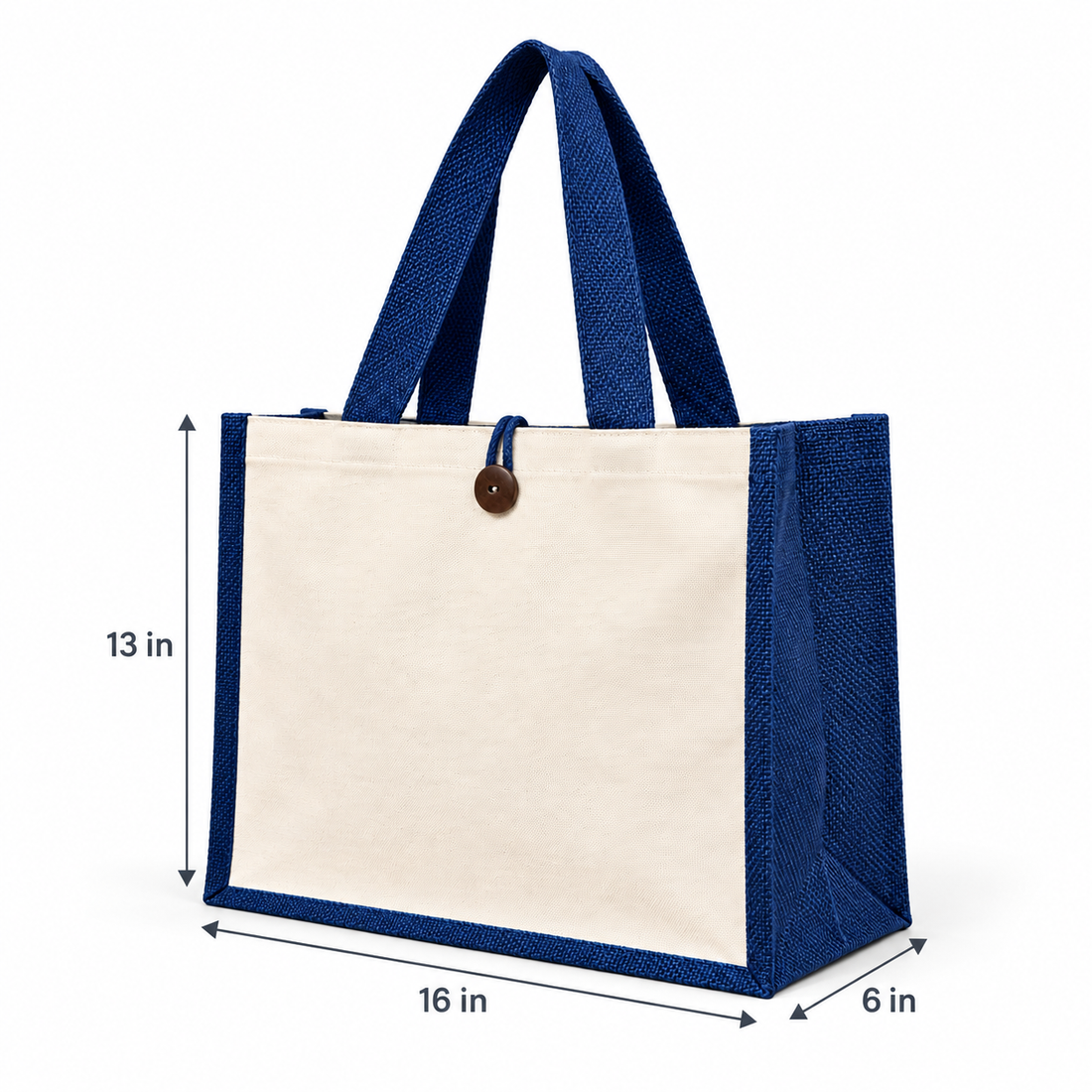 Plain 16x13x6 Navy Blue Laminated Jute & Canvas Hamper Bag with Button Closure