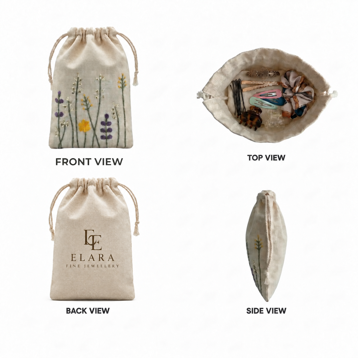 Floral Embroidered Cotton Drawstring Pouch