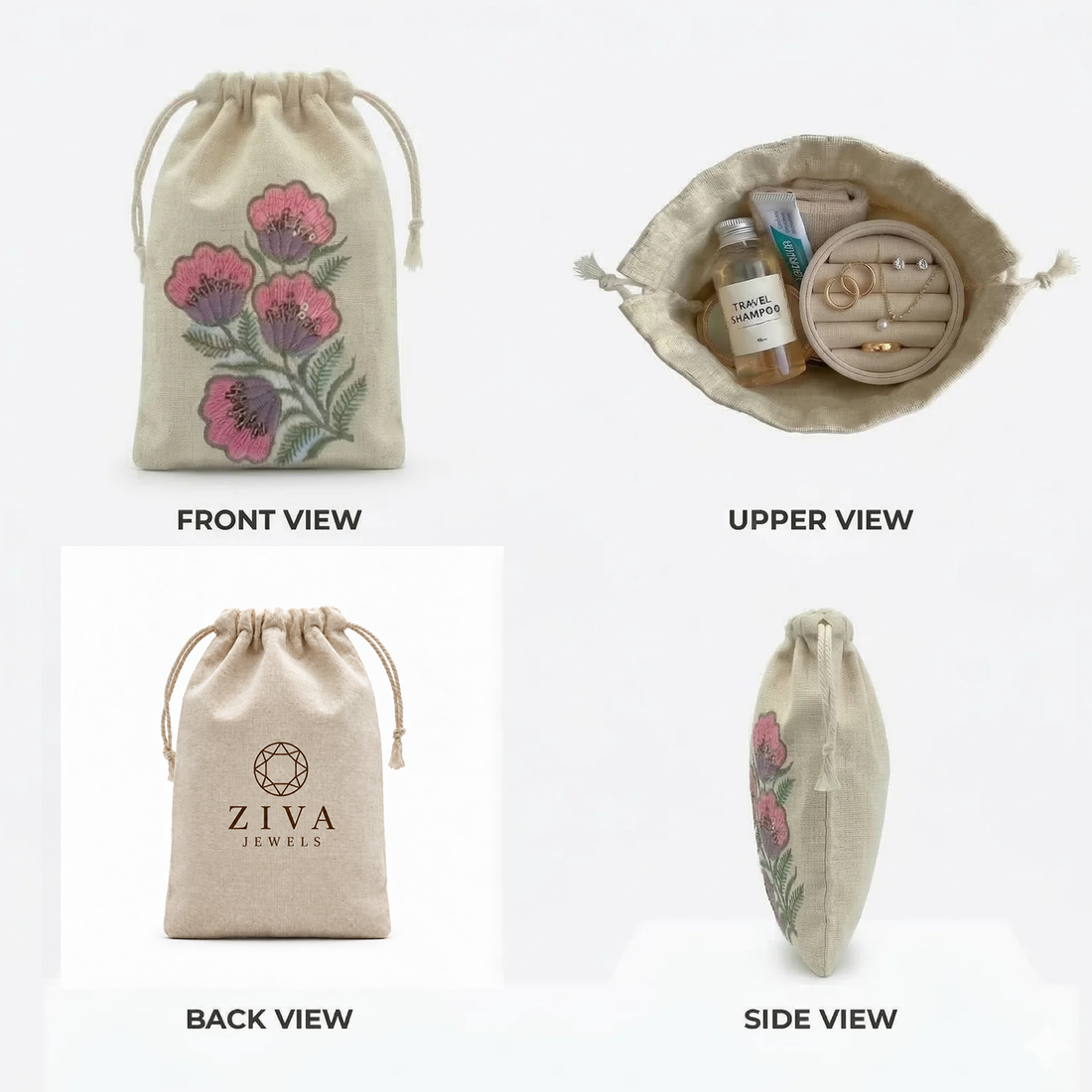 Pink Floral Embroidered Cotton Drawstring Pouch